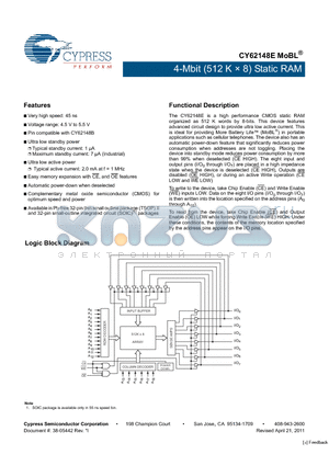 CY62148ELL-55SXA datasheet - 4-Mbit (512 K x 8) Static RAM Automatic power-down when deselected