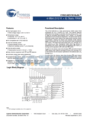 CY62148EV30LL-45ZSXI datasheet - 4-Mbit (512 K  8) Static RAM