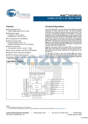 CY62148EV30LL-45ZSXA datasheet - 4-Mbit (512K x 8) Static RAM