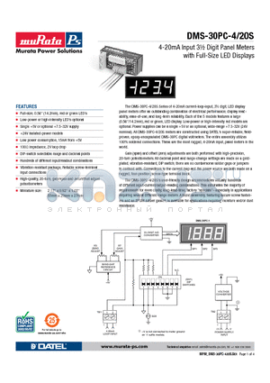 DMS-30PC-4/20S-5GS-C datasheet - 4-20mA Input 3m Digit Panel Meters with Full-Size LED Displays