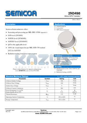 2N3497 datasheet - Type 2N3498 Geometry 5620 Polarity NPN