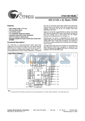 CY62148V datasheet - 4M (512K x 8) Static RAM