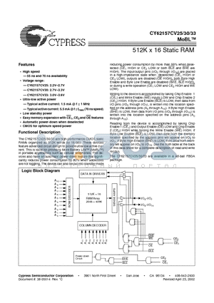 CY62157CV25LL-70BAI datasheet - 512K x 16 Static RAM