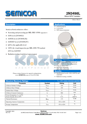 2N3498L datasheet - Silicon NPN Transistor