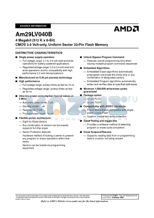 AM29LV040BT-90JC datasheet - 4 Megabit (512 K x 8-Bit) CMOS 3.0 Volt-only, Uniform Sector 32-Pin Flash Memory