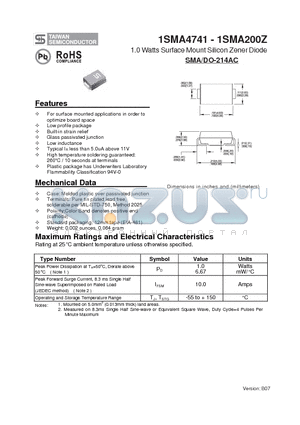 1SMA110Z datasheet - 1.0 Watts Surface Mount Silicon Zener Diode