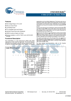 CY62148VNLL datasheet - 4 Mbit (512K x 8) Static RAM