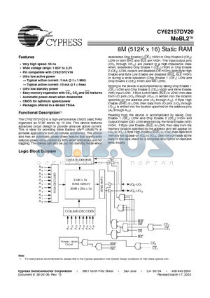 CY62157DV20LL-55BVI datasheet - 8M (512K x 16) Static RAM