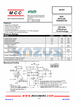 2N3501 datasheet - 150 Volts 500mAmps TO-39 Package