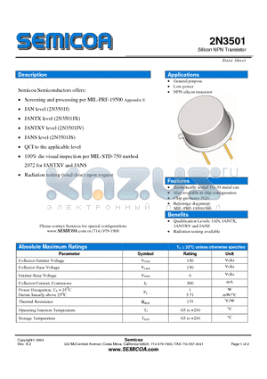 2N3501 datasheet - Silicon NPN Transistor