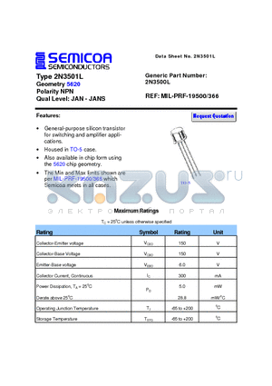 2N3501L datasheet - Type 2N3501L Geometry 5620 Polarity NPN