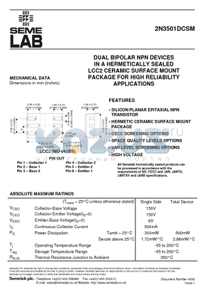 2N3501DCSM datasheet - DUAL BIPOLAR NPN DEVICES