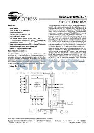 CY62157CV18 datasheet - 512K x 16 Static RAM