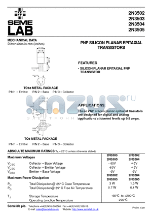 2N3502 datasheet - PNP SILICON PLANAR EPITAXIAL TRANSISTORS