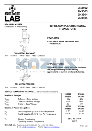2N3503 datasheet - PNP SILICON PLANAR EPITAXIAL TRANSISTORS
