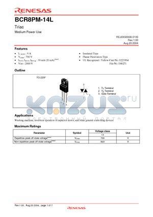 BCR8PM-14LA-A8 datasheet - Triac Medium Power Use