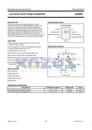 AU2903D datasheet - Low power dual voltage comparator