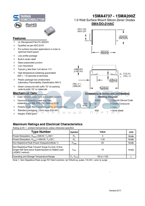 1SMA130Z datasheet - 1.0 Watt Surface Mount Silicon Zener Diodes