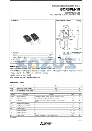 BCR8PM-18 datasheet - MEDIUM POWER USE INSULATED TYPE, PLANAR PASSIVATION TYPE