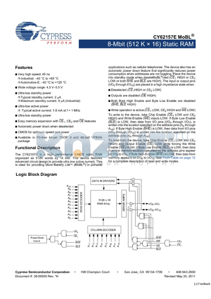 CY62157E datasheet - 8-Mbit (512 K x 16) Static RAM Automatic power down when deselected