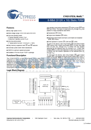 CY62157ESL datasheet - 8-Mbit (512K x 16) Static RAM