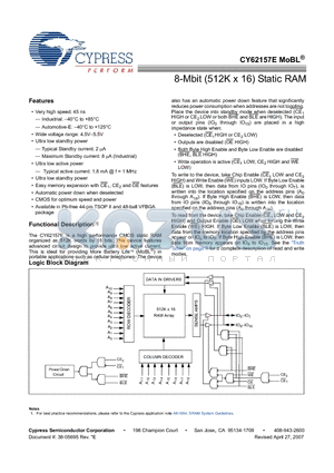 CY62157ELL-55BVXE datasheet - 8-Mbit (512K x 16) Static RAM