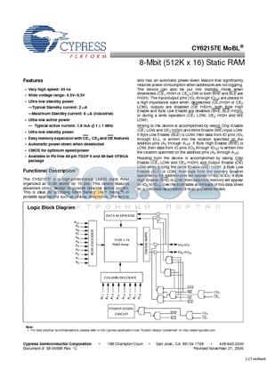 CY62157ELL-55BVXE datasheet - 8-Mbit (512K x 16) Static RAM