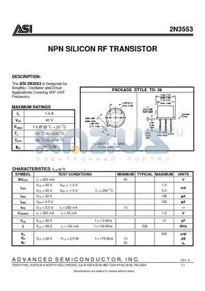 2N3553 datasheet - NPN SILICON RF TRANSISTOR