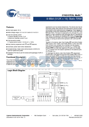 CY62157ESL_11 datasheet - 8-Mbit (512K x 16) Static RAM Automatic power down when deselected