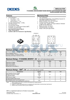 DMS2220LFDB-7 datasheet - P-CHANNEL ENHANCEMENT MODE MOSFET WITH INTEGRATED SBR^ SUPER BARRIER RECTIFIER