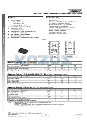 DMS2220LFW datasheet - P-CHANNEL ENHANCEMENT MODE MOSFET WITH INTEGRATED SBR