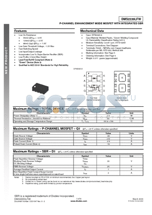 DMS2220LFW-7 datasheet - P-CHANNEL ENHANCEMENT MODE MOSFET WITH INTEGRATED SBR