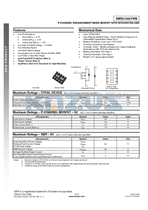 DMS2120LFWB datasheet - P-CHANNEL ENHANCEMENT MODE MOSFET WITH INTEGRATED SBR