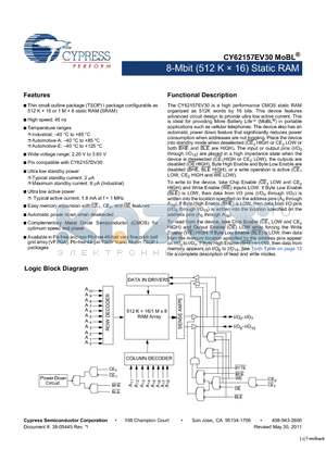 CY62157EV30 datasheet - 8-Mbit (512 K x 16) Static RAM Automatic power down when deselected