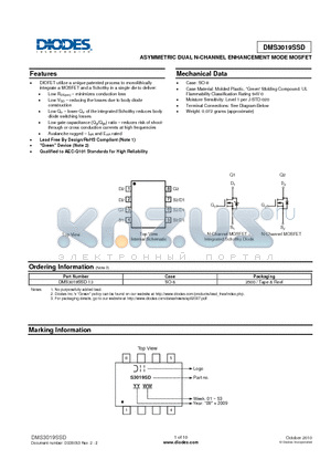 DMS3019SSD-13 datasheet - ASYMMETRIC DUAL N-CHANNEL ENHANCEMENT MODE MOSFET