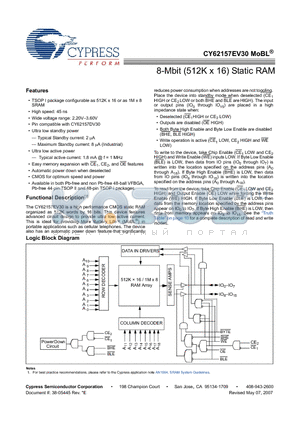 CY62157EV30LL-45BVI datasheet - 8-Mbit (512K x 16) Static RAM