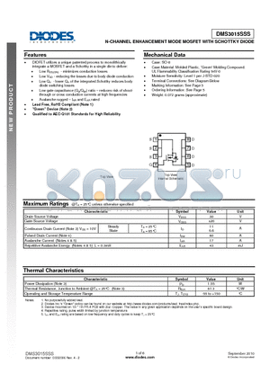 DMS3015SSS-13 datasheet - N-CHANNEL ENHANCEMENT MODE MOSFET WITH SCHOTTKY DIODE