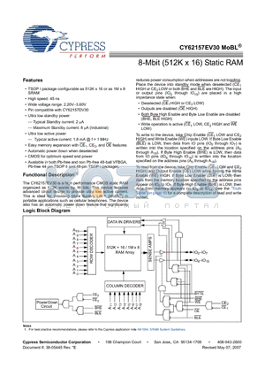 CY62157EV30LL-45ZSXA datasheet - 8-Mbit (512K x 16) Static RAM