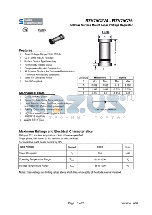 BZV79C2V7 datasheet - 500mW Surface Mount Zener Voltage Regulator