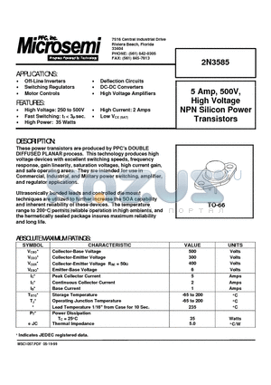 2N3585 datasheet - 5 Amp, 500V, High Voltage NPN Silicon Power Transistors