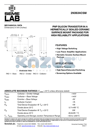 2N3634CSM datasheet - PNP SILICON TRANSISTOR IN A