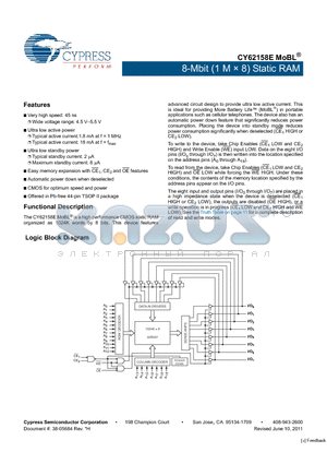 CY62158ELL-45ZSXI datasheet - 8-Mbit (1 M x 8) Static RAM Automatic power down when deselected