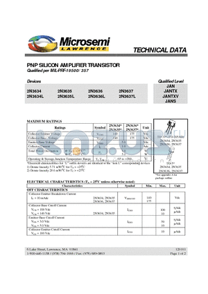 2N3634L datasheet - PNP SILICON AMPLIFIER TRANSISTOR