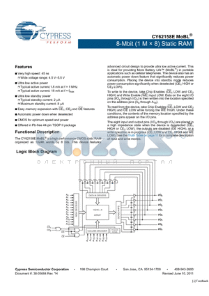 CY62158E datasheet - 8-Mbit (1 M x 8) Static RAM Automatic power down when deselected