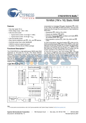 CY62167DV18_07 datasheet - 16-Mbit (1M x 16) Static RAM