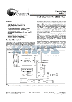 CY62167DV20 datasheet - 16-Mb (1024K x 16) Static RAM