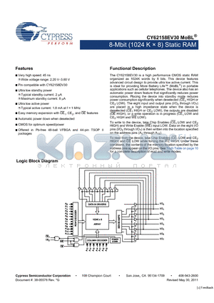 CY62158EV30 datasheet - 8-Mbit (1024 K x 8) Static RAM Automatic power down when deselected