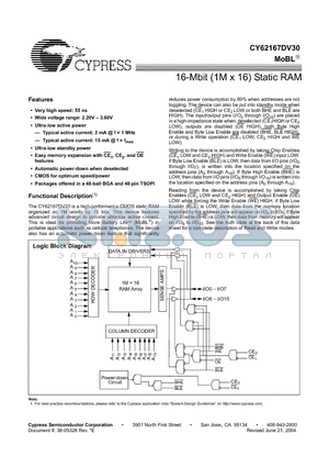 CY62167DV30L-70ZI datasheet - 16-Mbit (1M x 16) Static RAM