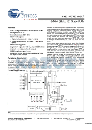 CY62167DV30LL-55BVI datasheet - 16-Mbit (1M x 16) Static RAM