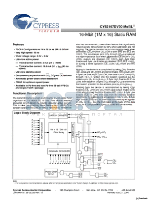 CY62167DV30LL-55BVXI datasheet - 16-Mbit (1M x 16) Static RAM